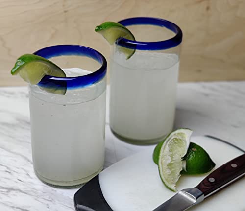 Dos Sueños Hand Blown Mexican Drinking Glasses - Set of 6 Glasses with Cobalt Blue Rims (14 oz each)