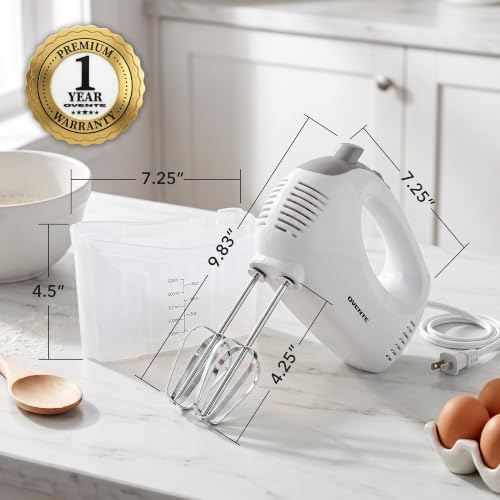 OVENTE 5-Speed Electric Hand Mixer with Storage Case,150W, White HM151W