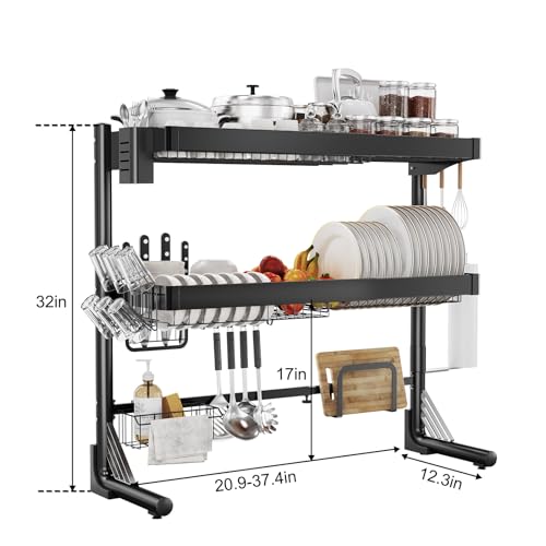 CUISIBOT Over Sink Dish Drying Rack, 3-Tier Full Stainless Steel Drainer Dish Rack Adjustable 20.9''-37.4'', Expandable Multifunctional Kitchen Organizer
