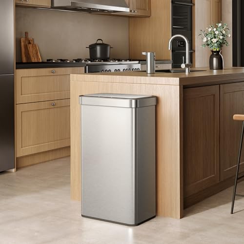 EKO Nova Sensor Trash Can, 21 Gallon/80 Liter Stainless Steel Rectangular Touchless Motion Sensor Trash Can, Matte Metallic