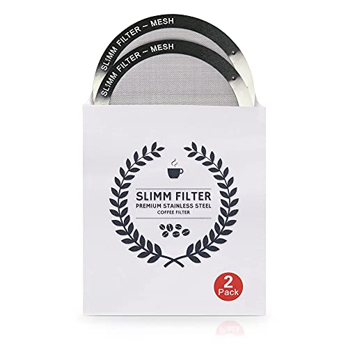 Reusable Filter Set by Slimm Filter - 2 Piece, Stainless Steel Metal - 2x Mesh Metal Filters For AeroPress Coffee & Espresso Maker, with Complimentary Recipe Book - Brew Barista-Grade Coffee At Home