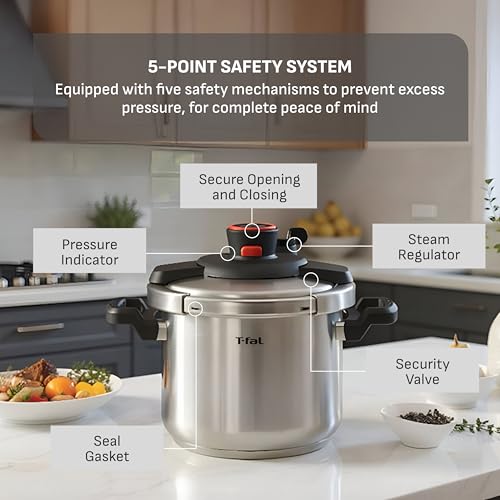T-fal Clipso Stainless Steel Pressure Cooker, 6.3 Quart, Recipe Book, Steam Basket, Easy-Open Lid, Secure Locking System, Adjustable Pressure Valve, Induction Cookware, Pots and Pans, Kitchen, Silver