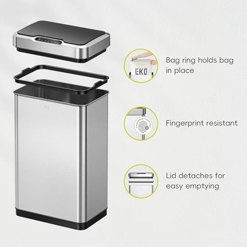 EKO Mirage-T 50 Liter / 13.2 Gallon Touchless Rectangular Motion Sensor Trash Can, Brushed Stainless Steel Finish