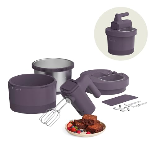 bella 3.5 Qt Hand & Stand Mixer, 2 in 1 Electric Mixer with Bowl, Dough Hook, Whisk & Egg Beater, Multifunctional Handheld Mixer for Baking, 200 Watt, Plum