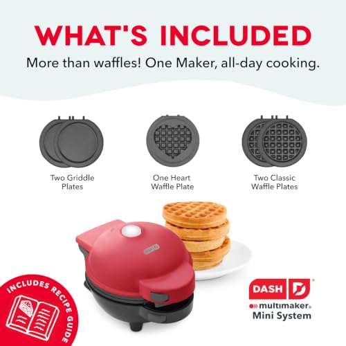 Dash MultiMaker® Mini System - Compact Waffle Maker for Family Breakfasts - Removable Griddle Plates & nonstick surface - 5 Plates - Red