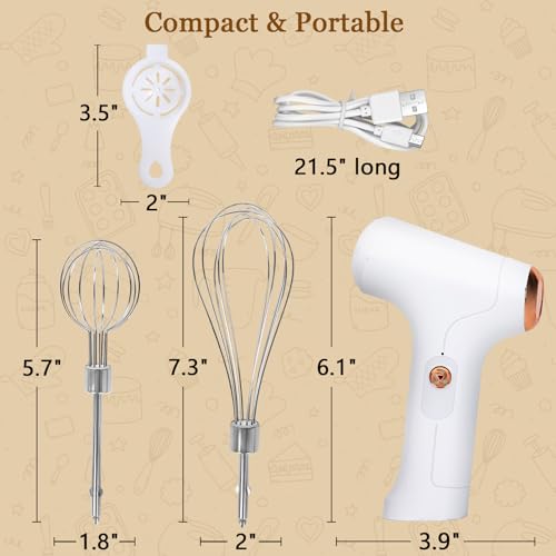 CHIDOYII Cordless Hand Mixer, Handheld Electric Whisk with 3 Speed Modes, Hand Held Egg Beater with 2 Detachable Stir Whisks (White)