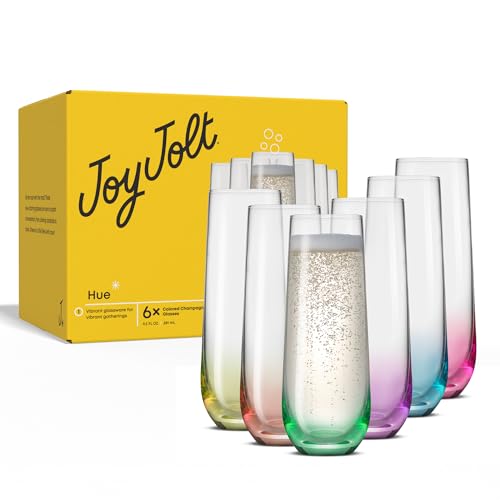JoyJolt Hue Stemless Champagne Flutes Set of 6 Colored Glasses, 9.5oz Cocktail Glass Set for Mimosa, Stemless Champagne Glasses, Prosecco Wine Flute, Bar Glassware