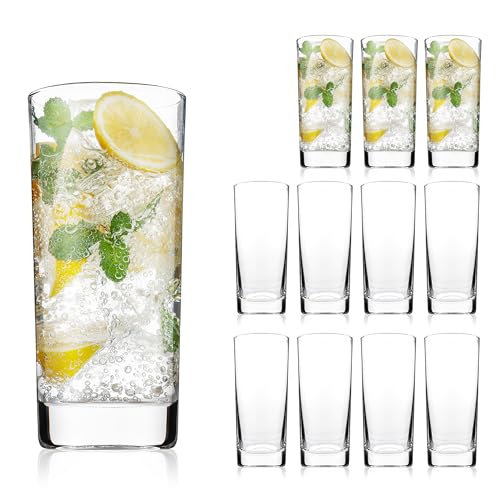 OUWO Highball Glasses Set of 12, 13oz Tall Drinking Glasses, Water Glass for Kitchen, Tom Collins Glasses, Mojito Glass Cups, Cocktail Glasses for Bar Glassware