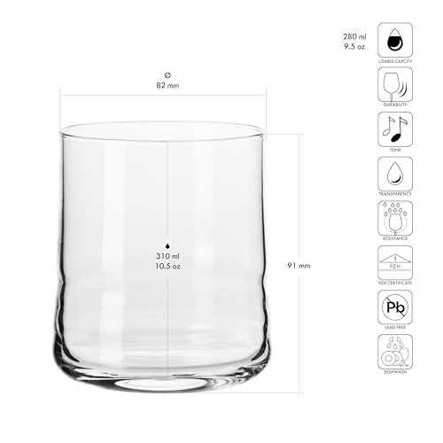 Krosno Whiskey Tumbler Glasses, Set of 4 , 10.5 oz , For Scotch, Bourbon, Liquor and Cocktail Drinks and Juice, Made in Europe