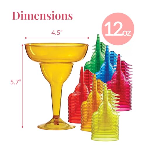 Prestee Multicolor Disposable 48 Plastic Margarita Glasses - 12 oz Hard Cocktail Cups for Cinco de Mayo Fiesta, Taco Party and Mexican Decorations - Fiesta Party Decorations - Large (Pack of 48)