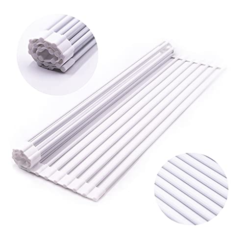 Bigdata&BetterLife Multi Purpose Roll Up Dish Drying Rack White Dish Drying Mat with Rack for Kitchen,Heavy Duty Foldable Silicone-Coated Stainless Steel Sink Dry Rack (White,20.5" x 13.1")