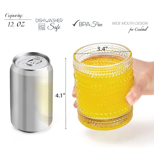 ZOOFOX Set of 6 Romantic Water Glasses, 12 oz Hobnail Glasses Tumbler, Clear Embossed Vintage Glassware Set for Beer, Cocktail, Soda, Beverages
