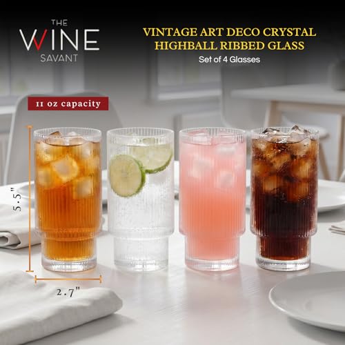 Vintage Art Deco Crystal Highball Ribbed Glass Set of 4 - Ripple, Collins Glassware 14oz Classic Crystal Cocktail Glasses Perfect for Water, Champagne, Beer, Juice, Tom Cocktails - Barware Tumblers