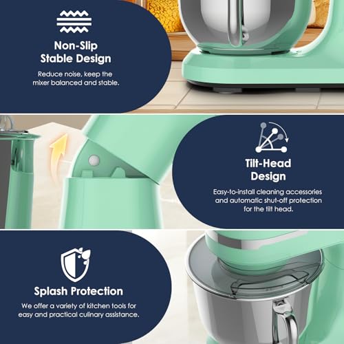 Plum chef 5.5QT Electric Stand Mixer, 12-Speed Tilt-Head Food Mixer, Dough Mixer with Dishwasher Safe Stainless Steel Bowls, Dough Hook, Flat Beater, Whisk, Perfect for 4-6 Family,Green