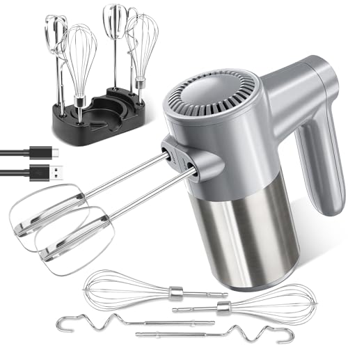 Cordless Electric Hand Mixer, 7 Speed Rechargeable Wireless Handheld Mixer with Eject Button, Long Battery, Quiet Anti-Splash, 6×304 Stainless Steel Attachments & Storage Base for Baking (Silver)