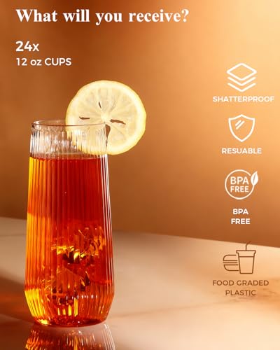 BESTSTAR 48 Pack Disposable Ribbed Origami Ripple Plastic Glasses Set - 24 9 OZ Stemless Champagne Flutes & 24 12OZ Cups, BPA-Free Shatterproof Clear Drinkware for Weddings, Parties & Events (Clear)