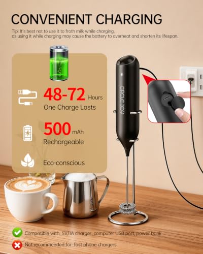 CIRCLE JOY Rechargeable Milk Frother Handheld with Stand, Dual Spring Whisk Head Electric Coffee Frother Foam Maker, Portable Drink Mixer for Cappuccino, Latte, Matcha, Black