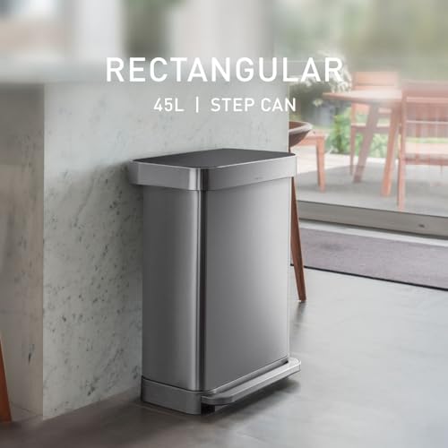 simplehuman Rectangular Step Can, 45L / 12 Gallon Kitchen Trash Can, Liner Rim System, Liner Pocket®, 150,000-Step Pedal, Lid Shox® Silent Close, Brushed Stainless Steel with Grey Plastic Lid
