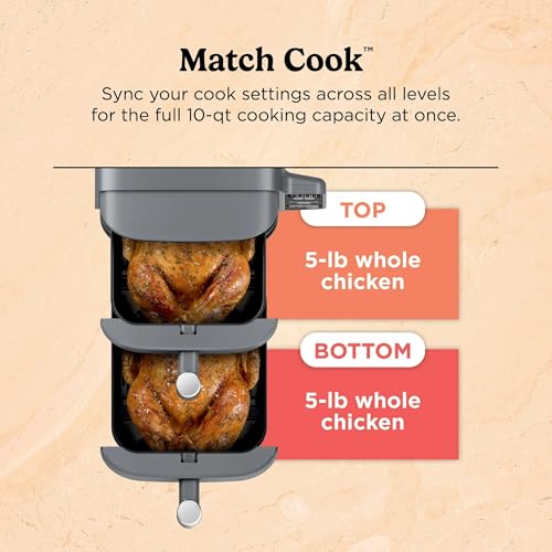 Ninja SL400 DoubleStack XL 2-Basket Air Fryer, 10 QT, Cooks 4 Foods at Once, Compact Design, 4-in-1, Smart Finish & Match Cook, Air Fry, Broil, Bake, Easy Meals, Easy Clean, Grey (Renewed)