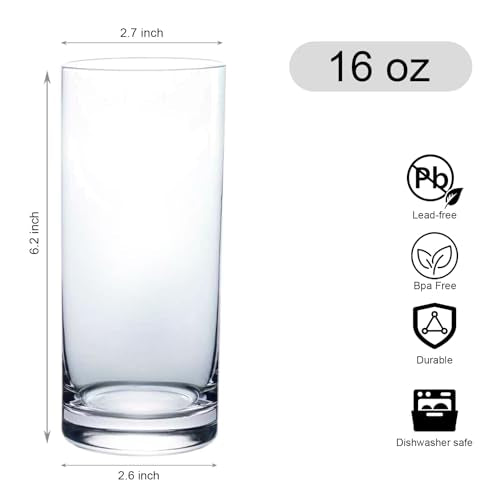 Drinking Glasses Set of 6, 16oz Crystal Highball Glasses, Clear Tall Glass Cups,Water Glass for Kitchen,Tom Collins,Juice,Whiskey,Mojito Cocktail Glasses for Bar Glassware,Gifts for Christmas
