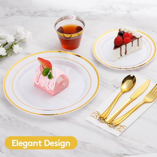 Goodluck 700 Pieces Gold Dinnerware Set for 100 Guests, Disposable for Party, Include: 100 Gold Rim Dinner Plates, 100 Dessert Plates, 100 Paper Napkins, 100 Cups, 100 Plastic Silverware Set