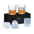 Whiskey Rocks Glass, Set of 4 (2 Crystal Bourbon Glasses, 2 Round Big Ice Ball Molds) In Gift Box - 10 Oz Old Fashioned Glasses for Scotch Cocktail Rum Cognac Vodka Liquor, Unique Gifts for Men