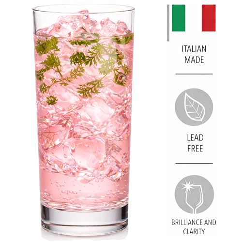 Godinger Highball Drinking Glasses, Italian Made Tall Glass Cups, Water Glasses Drinking Set, Cocktail Glasses - 14oz, Set of 4, Made In Italy