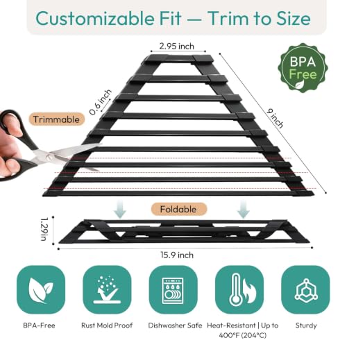 romise Small Triangle Roll Up Dish Drying Rack for Sink Corner, Foldable Silicone Coated Stainless Steel Over Sink Rack, Space Saving Heat Resist Anti-Slip Anti-Rust Drainer Mat for Dish Fruit (Black)