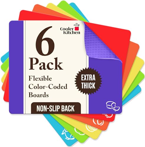 Extra Thick Flexible Plastic Cutting Board Mats, Set of 6 for Kitchen, BPA Free, Non-Slip Waffle Back, Dishwasher Safe Cutting Boards, Color Coded with Food Icons, 15x12 Inch - Cooler Kitchen