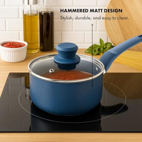 Prime Cuisine 2 Quart Sauce Pan with Lid, Blue Diamond NonStick Small Pot with Tempered Glass Lid, Soft-Touch Handles, Induction Base