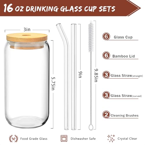 SENTVEND 16 Oz Drinking Glasses with Bamboo Lids and Glass Straw - 8 Pcs Glass Cups Beer Ice Coffee Glasses Cute Aesthetic Cup Great for Coffee Bar Accessories Include 2 Cleaning Brushes