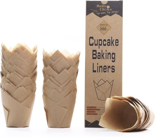 Bake Choice 200pcs Natural Tulip Cupcake Liners for Baking Cups Unbleached European Parchment paper Tulip Muffin