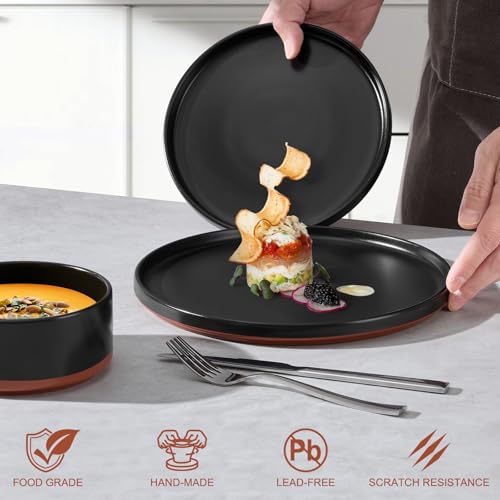 LIANYU 12 Pieces Porcelain Dinnerware Sets, Premium Plates and Bowls Set, High-Fired Ceramic Dishes Set for 4, Chip & Scratch Resistant, Microwave Dishwasher Safe, Charcoal Black