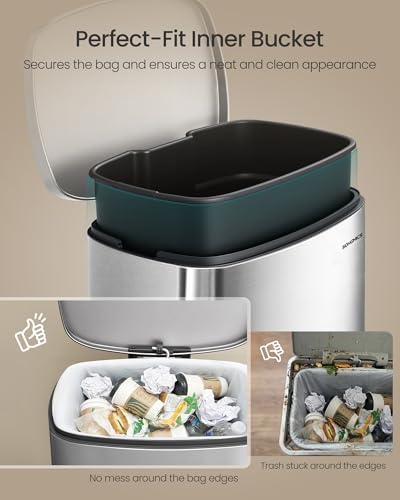 SONGMICS 20-Gallon (75 L) Trash Can, Stainless Steel Kitchen Garbage Can, Recycling or Waste Bin, Soft Close, Step-On Pedal, Removable Inner Bucket, Silver ULTB075EZ01