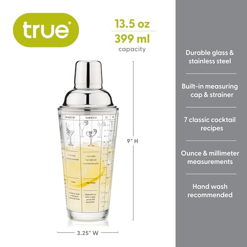 True Glass Cocktail Shaker with 7 Classic Recipes and Measurements for Cold Brew Cocktails, Home Bar Accessories, Bar Tools, Bartender Gifts, Hosting Essentials, 13.5 oz, Set of 1, Clear