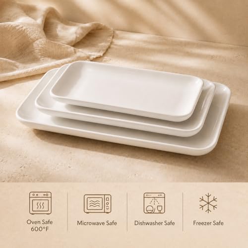 DELLING Large Serving Platter Set of 3, 16/14/12 Inch Porcelain Serving Trays for Party - White Ceramic Rectangular Platters for Entertaining, Appetizer Fruit Tray for Father's Day Shower Dinner