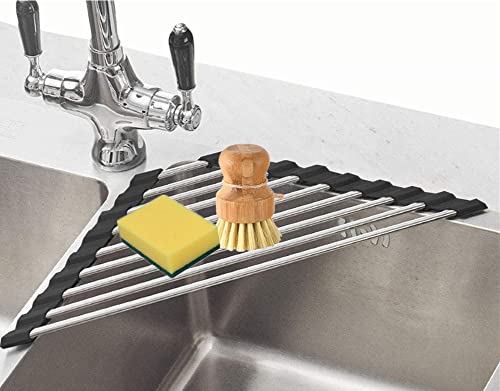 Fafcitvz Triangle Dish Drying Rack Multipurpose Roll-up Drying Rack for Sink Corner Stainless Steel Over The Sink Corner Dish Drainer Mat for Kitchen (Black)