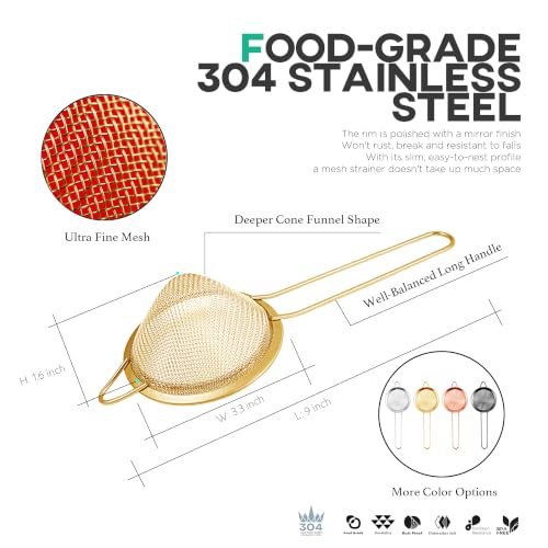 Homestia Fine Mesh Strainer for Kitchen, 304 Stainless Steel Sieve Sifters Cocktail Strainer for Food, Tea, Oil, Noodles, Coffee, Juice, Flour, Fruits, Vegetables - Easy to Clean Drink Strainer (Gold)