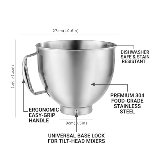 KCKHFA Stainless Steel Mixer Bowl Fit for KitchenAid Artisan&Classic Series 4.5-5 QT Tilt-Head Stand Mixer, Mixing Bowl with Comfortable Handle