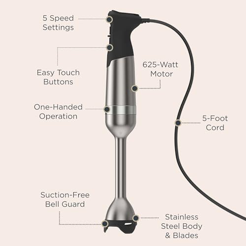 Vitamix 5-Speed Immersion Blender, Professional-Grade Hand Blender with 625-Watt Motor and Stainless-Steel Blade, Stainless Steel/Black