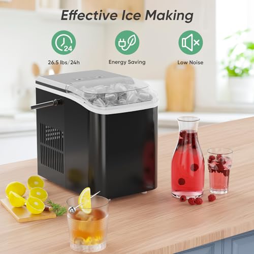 DUMOS Countertop Ice Maker with Handle, 26lbs/24H Portable Ice Machine, 9 Bullet Cubes Ready in 6 Mins, Self-Cleaning, Quiet Compact for Home, Kitchen, RV, Camping, Bright Black