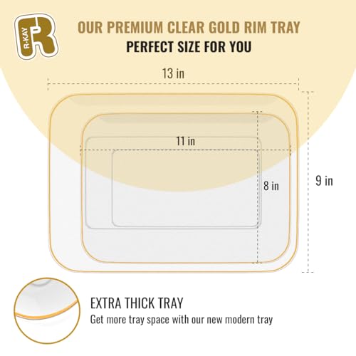 3 Pack Plastic Serving Trays for Party - Gold Serving Tray 8 x 11 Inch - Heavy Duty Dessert Trays for Food - Rectangular Party Serving Trays for Entertaining - Clear Cookie Platters