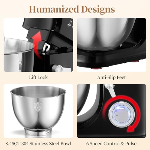 1500W 8.45QT Stand Mixer, 6-Speed Electric Dough Mixer with Whisk, Dough Hook & Beater, Large Capacity Kitchen Mixer for Baking Bread, Cakes, Salad and Cookies (Black)