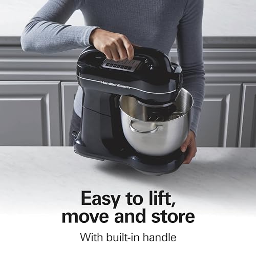 Hamilton Beach Electric Stand Mixer, 4 Quarts, Dough Hook, Flat Beater Attachments, Splash Guard 7 Speeds with Whisk, Easy-Carry Top Handle, Black