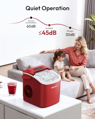 EUHOMY Countertop Ice Maker Machine with Handle, 26lbs Per Day, 9 Ice Cubes Ready in 6 Mins, Auto-Cleaning Portable Ice Maker with Basket and Scoop, for Home/Kitchen/Camping/RV (Red)