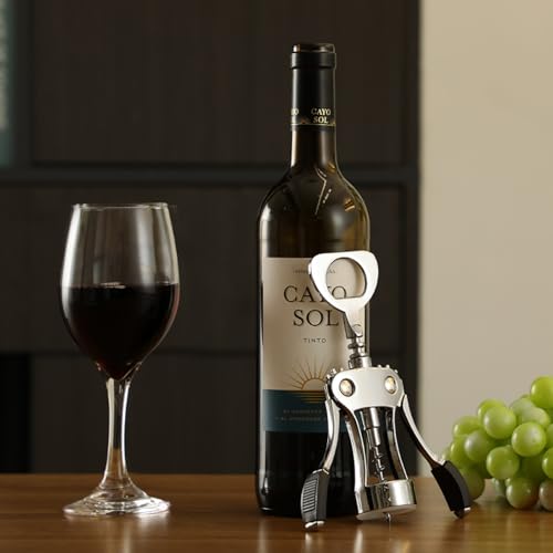 KORCCI Wine Opener, Heavy-Duty Zinc Alloy Wing Corkscrew, Premium Beer Bottle Opener, Multifunctional Wine Accessories with Ergonomic Handle and Sharp Screw, for Kitchen, Bar, Restaurant (SILVER)