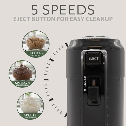 WILLOW Eco Series Electric Hand Mixer, 5 Speed Ultra Powerful Handheld Mixer with Stainless Steel Whisks, Beaters & Dough Hooks + Eject Button, 350W Kitchen Mixer with Snap-On Storage Case - BLACK