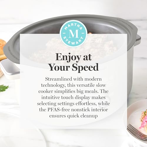 Martha Stewart 8 QT Slow Cooker, Programmable with Timer, 3 Heat Settings (Low, High, Warm), Nonstick Ceramic Removable Crock, Stovetop & Oven Safe, Glass Lid, Simmer, Reheat, Warm, Linen