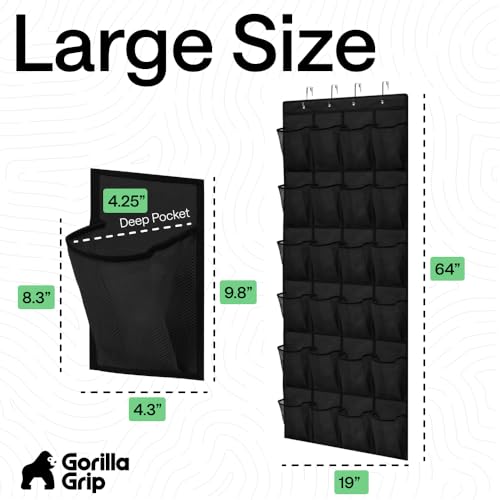 GORILLA GRIP Over the Door Shoe Organizer, 24 Large Breathable Mesh Pockets, Space Saving Hanging Storage Holder, Closet Rack Hanger Holds Up to 40 lbs, Hangs on Closets for Shoes, Accessories, Black