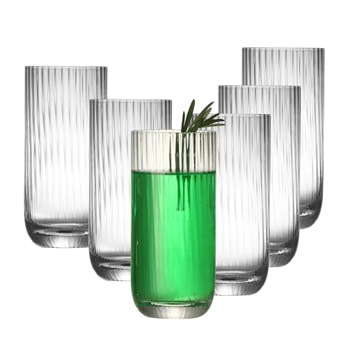 Collins Glasses Set of 6,Highball Glass Set, 15.3 oz, Clear Ribbed Design for Water, Cocktails, Mojito
